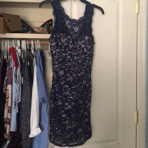 Short (above knee) navy slip dress with lace